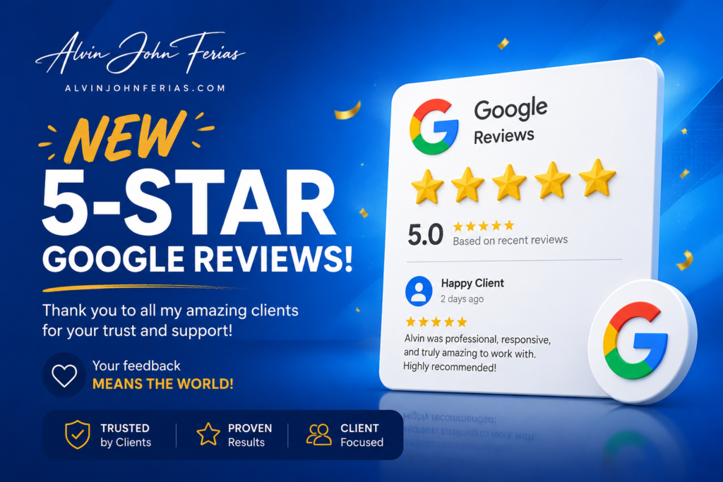 Two 5-star Google reviews for Alvin John Ferias web development and SEO services