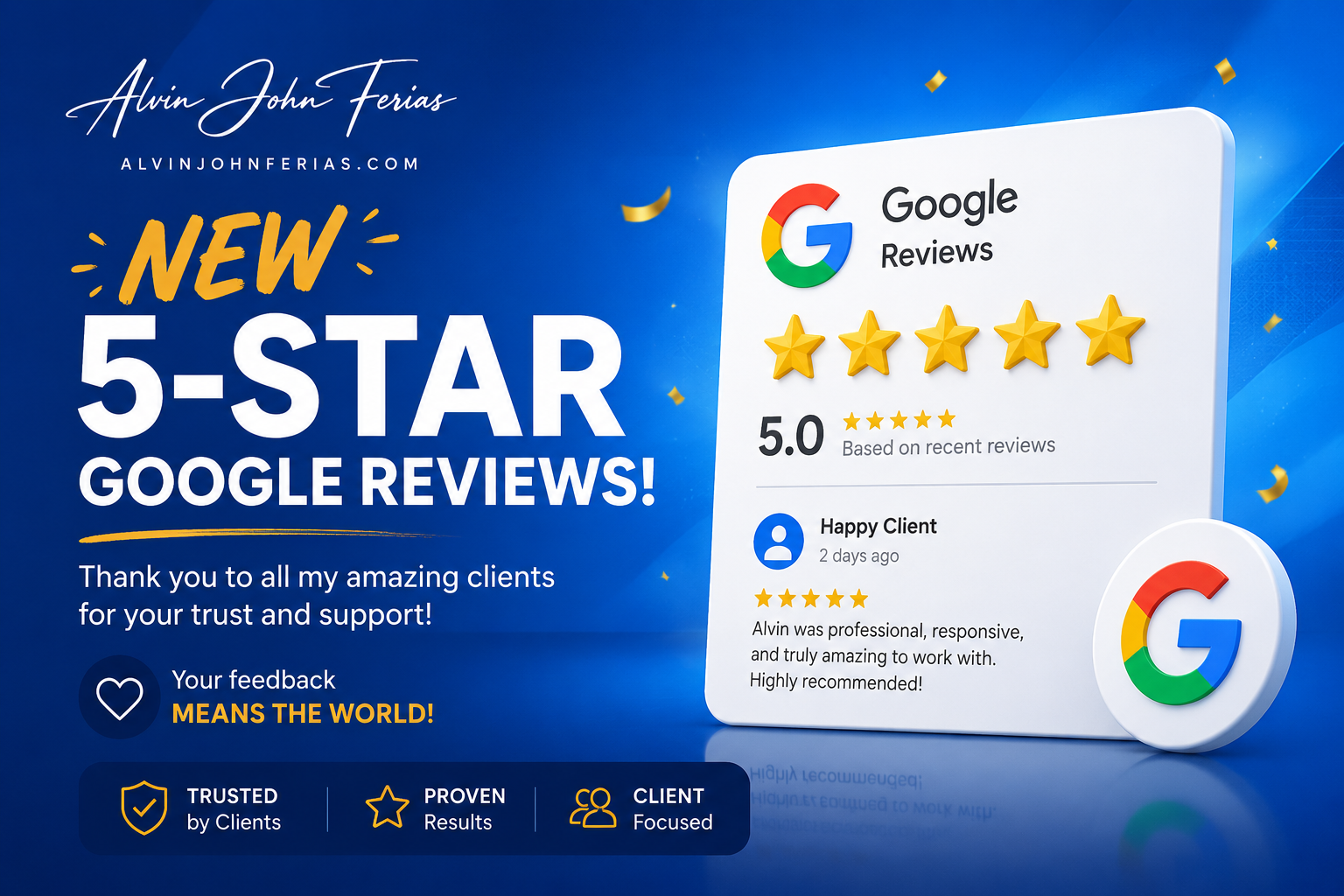 Two 5-star Google reviews for Alvin John Ferias web development and SEO services