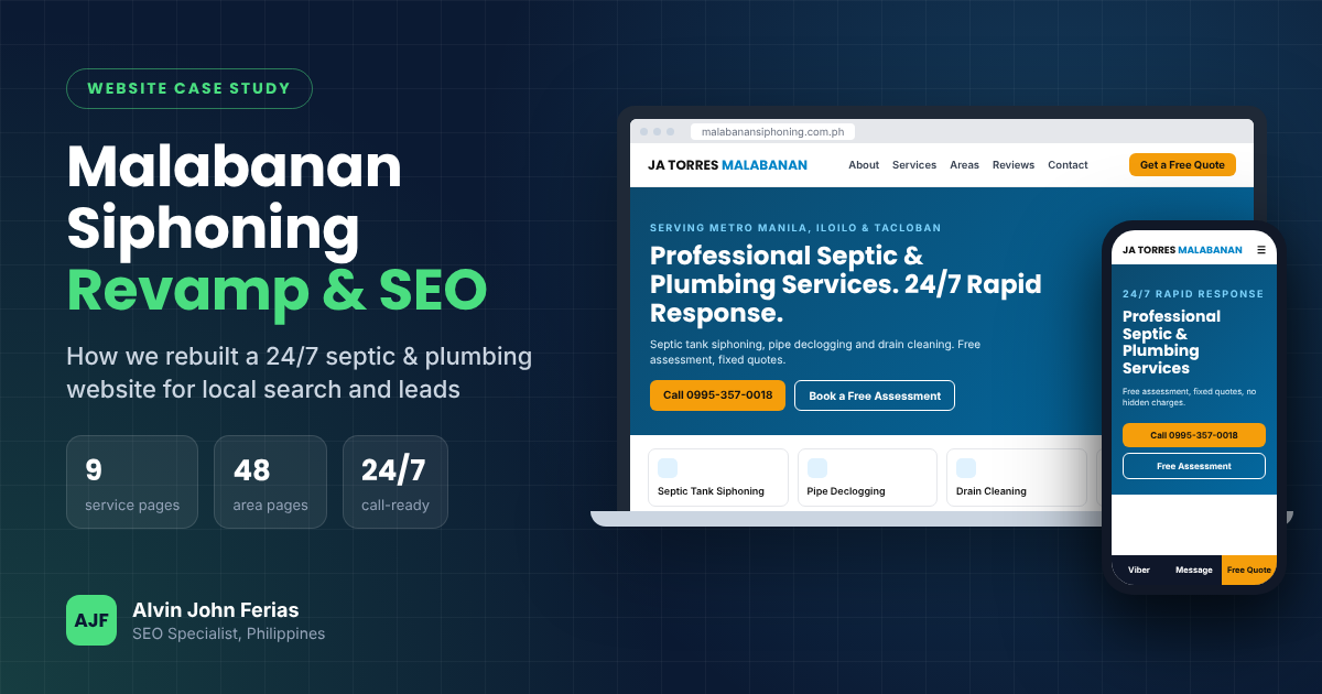 Malabanan siphoning website case study showing the revamped homepage on desktop and mobile